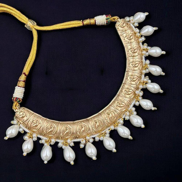 Antique Gold-Tone Engraved Necklace with Pearl Drops & Matching Earrings