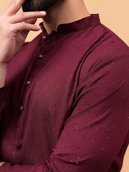 Traditional Ethnic Wear Maroon Embellished Sequinned  Straight Rayon  Kurta Pyjama Set  For Men