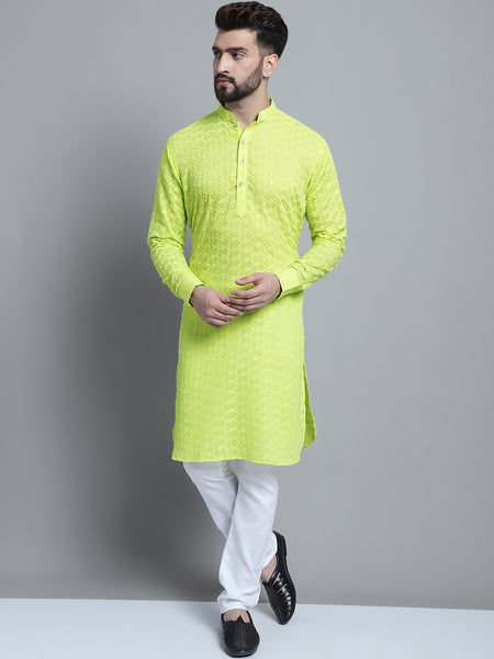 Lime Green Chikankari Embroidery Cotton Kurta Pajama Set by Treemoda