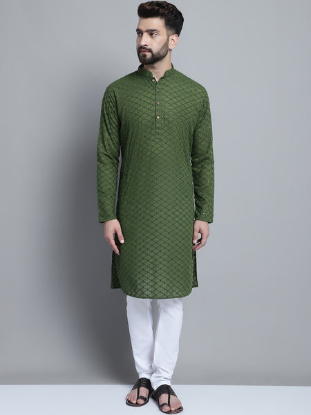 Green Chikankari Embroidery Cotton Kurta Pajama Set by Treemoda