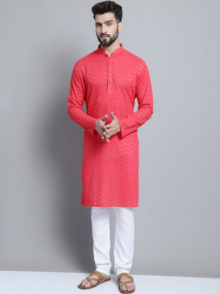 Carrot Red Chikankari Embroidery Cotton Kurta Pajama by Treemoda