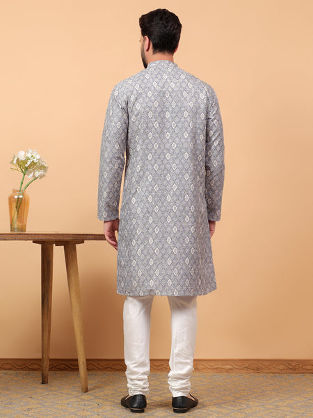 Traditional  Ethnic Wear  Printed  Art Silk Full Sleeve Straight  Regular Fit  Grey Kurta Pyjama Set  For Men