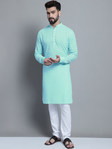 Sky Blue Chikankari Embroidery Cotton Kurta Pajama Set by Treemoda