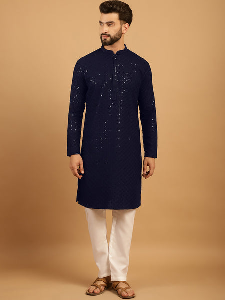 Embellished Sequinned Chikankari Embroidered Navy Blue Kurta Pajama Set by Treemoda