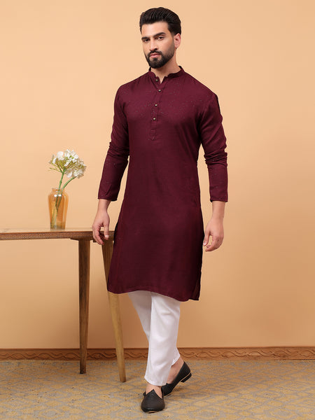 Traditional Ethnic Wear Maroon Embellished Sequinned  Straight Rayon  Kurta Pyjama Set  For Men
