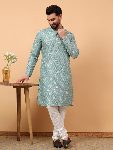 Traditional  Ethnic Wear  Printed  Art Silk Full Sleeve Straight  Regular Fit  Green Kurta Pyjama Set  For Men