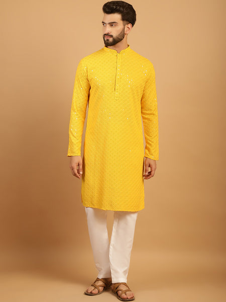 Embellished Sequinned Chikankari Embroidered Yellow Kurta Pajama Set by Treemoda