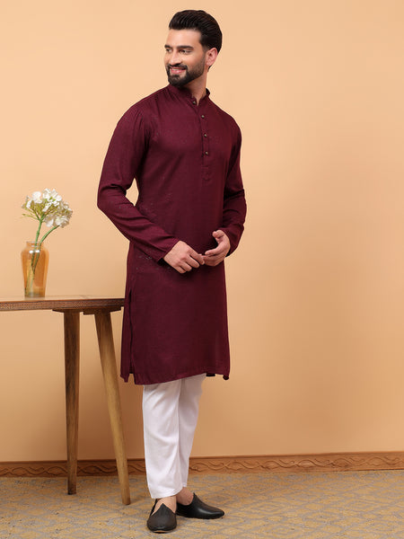 Traditional Ethnic Wear Maroon Embellished Sequinned  Straight Rayon  Kurta Pyjama Set  For Men