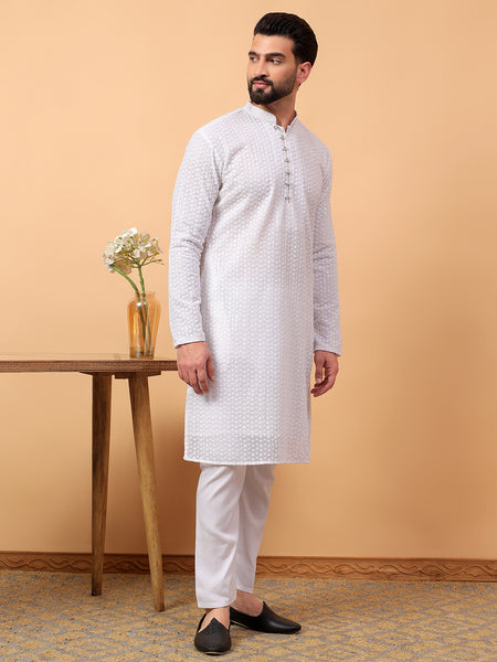 White Georgette Chikan Kari  Embroidery Traditional Ethnic Wedding Festival Wear Kurta Pyjama Set