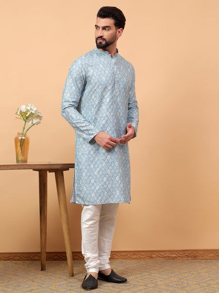 Traditional  Ethnic Wear  Printed  Art Silk Full Sleeve Straight  Regular Fit  Blue Kurta Pyjama Set  For Men