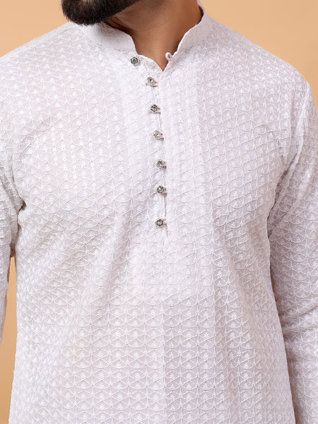 White Georgette Chikan Kari  Embroidery Traditional Ethnic Wedding Festival Wear Kurta Pyjama Set