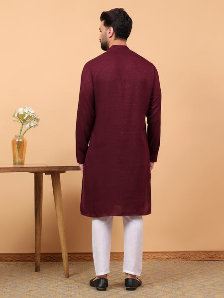 Traditional Ethnic Wear Maroon Embellished Sequinned  Straight Rayon  Kurta Pyjama Set  For Men