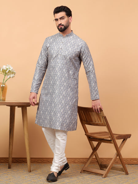 Traditional  Ethnic Wear  Printed  Art Silk Full Sleeve Straight  Regular Fit  Grey Kurta Pyjama Set  For Men