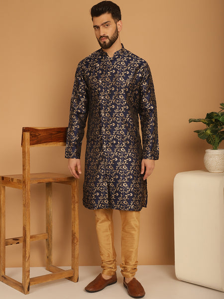 Designer Blue Golden Brocade Silk Sherwani Set by Treemoda