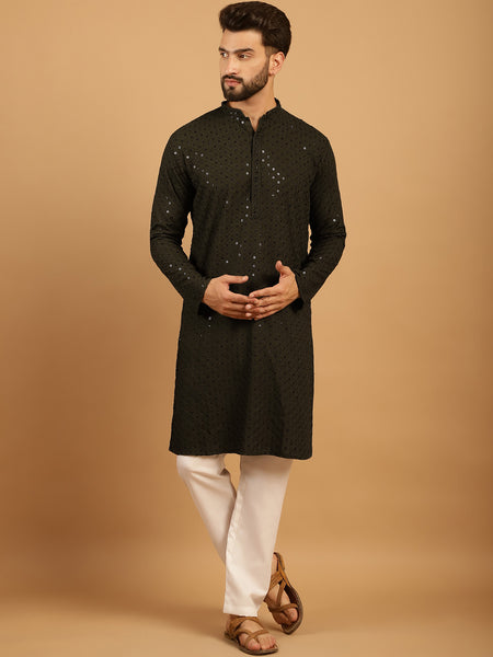 Embellished Sequinned Chikankari Embroidered Dark Mehndi Green Kurta Pajama Set by Treemoda