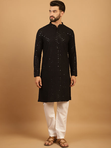 Embellished Sequinned Chikankari Embroidered Black Kurta Pajama Set by Treemoda