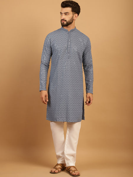 Embellished Sequinned Chikankari Embroidered Light Grey Kurta Pajama Set by Treemoda