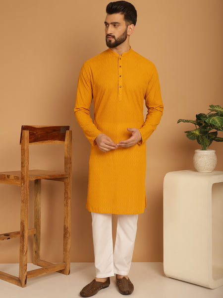 Designer Mustard Yellow Chikankari Embroidered Kurta Pajama Set by Treemoda