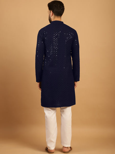 Embellished Sequinned Chikankari Embroidered Navy Blue Kurta Pajama Set by Treemoda