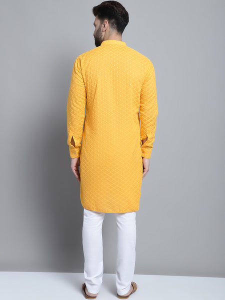 Yellow Chikankari Embroidery Cotton Kurta Pajama Set by Treemoda