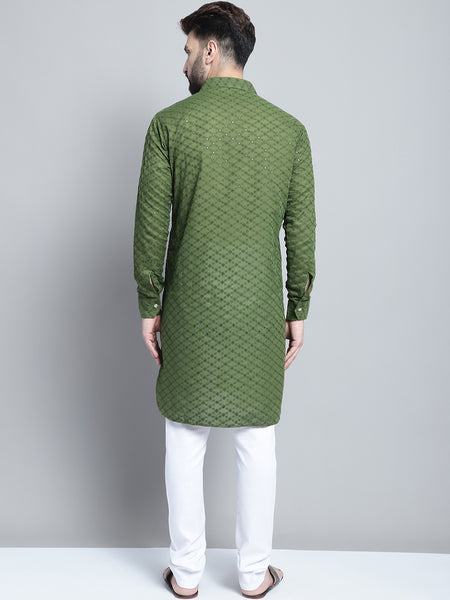 Embroidered Cotton Chikankari Green Pathani Kurta Pajama Set by Treemoda