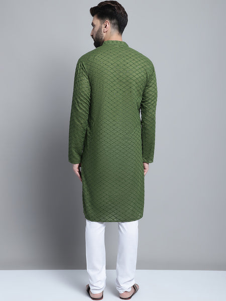 Green Chikankari Embroidery Cotton Kurta Pajama Set by Treemoda