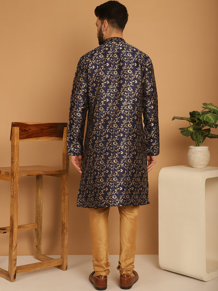 Designer Blue Golden Brocade Silk Sherwani Set by Treemoda