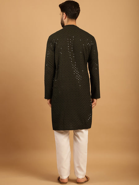 Embellished Sequinned Chikankari Embroidered Dark Mehndi Green Kurta Pajama Set by Treemoda