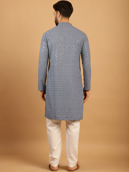 Embellished Sequinned Chikankari Embroidered Light Grey Kurta Pajama Set by Treemoda