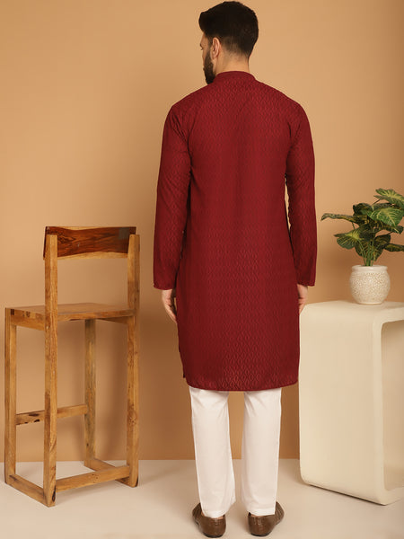 Designer Maroon Chikankari Embroidered Kurta Pajama Set by Treemoda