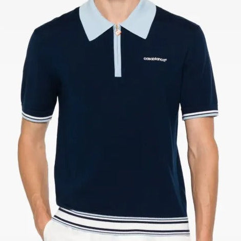 Premium Navy Contrast Collar Zip Polo Shirt