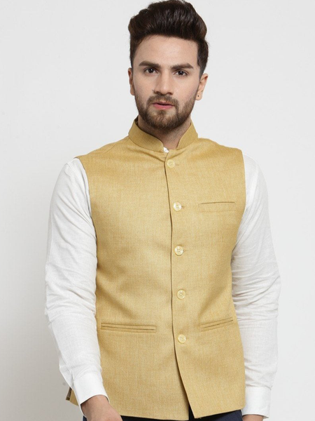 Men Mustard Yellow Solid Nehru Jacket By Treemoda
