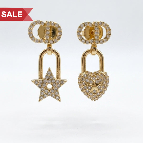 Elegant Gold-Tone Crystal Lock & Star Drop Earrings