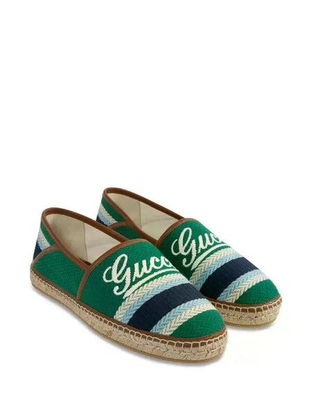 Premium Green Canvas Espadrilles with Script Logo & Striped Toe