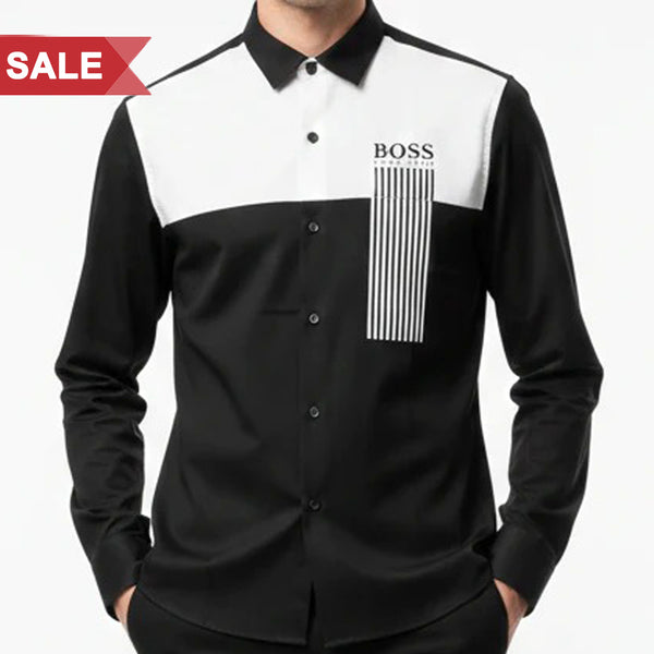 Men’s Stylish Black & White Panel Shirt Modern Contrast Design