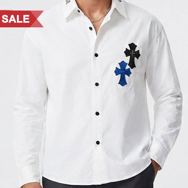 Men's Oversized White Cross Patch Casual Shir