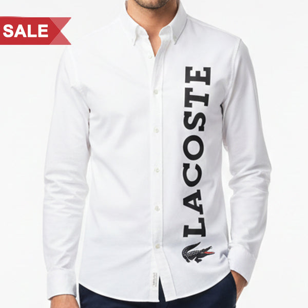 Classic White Button-Down Shirt with Bold Vertical Logo Print (Copy)