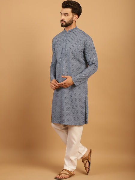 Embellished Sequinned Chikankari Embroidered Light Grey Kurta Pajama Set by Treemoda