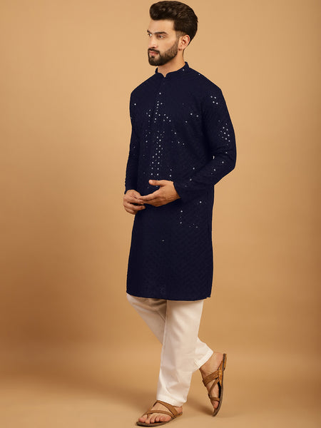 Embellished Sequinned Chikankari Embroidered Navy Blue Kurta Pajama Set by Treemoda