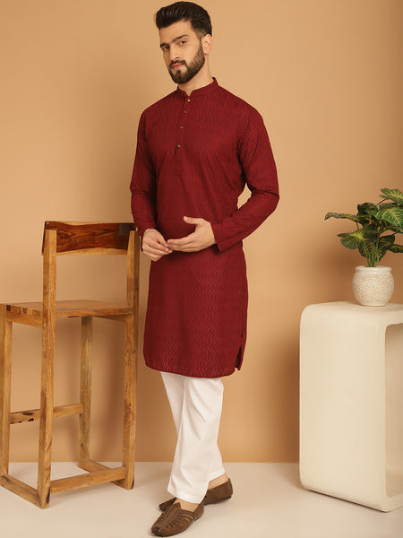 Designer Maroon Chikankari Embroidered Kurta Pajama Set by Treemoda