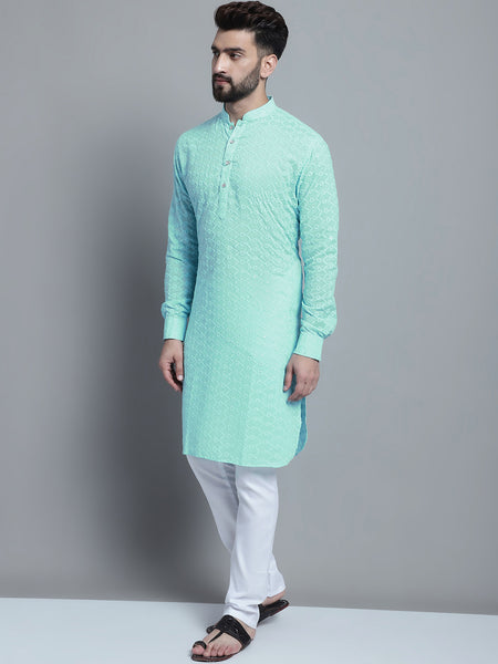 Sky Blue Chikankari Embroidery Cotton Kurta Pajama Set by Treemoda