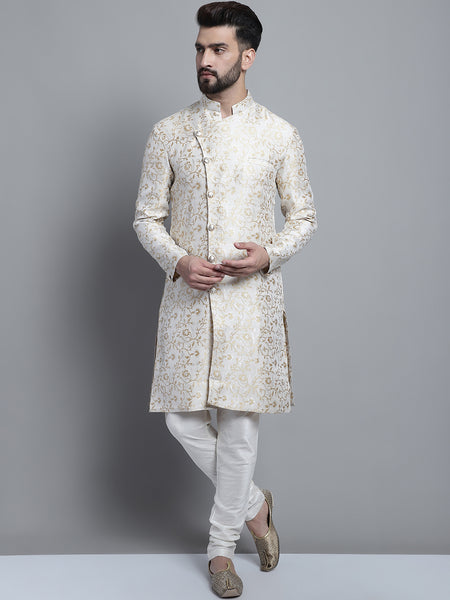 Designer White Golden Brocade Silk Sherwani Set by Treemoda