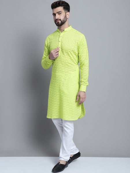 Lime Green Chikankari Embroidery Cotton Kurta Pajama Set by Treemoda