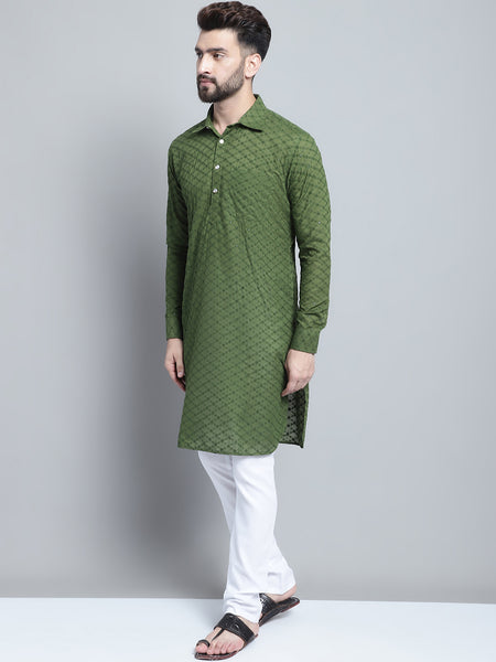 Embroidered Cotton Chikankari Green Pathani Kurta Pajama Set by Treemoda