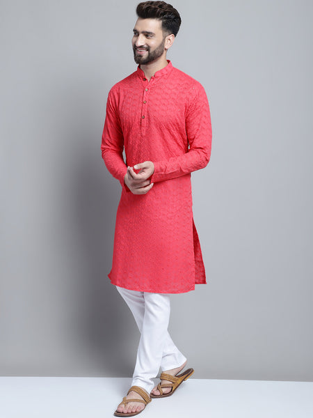 Carrot Red Chikankari Embroidery Cotton Kurta Pajama by Treemoda