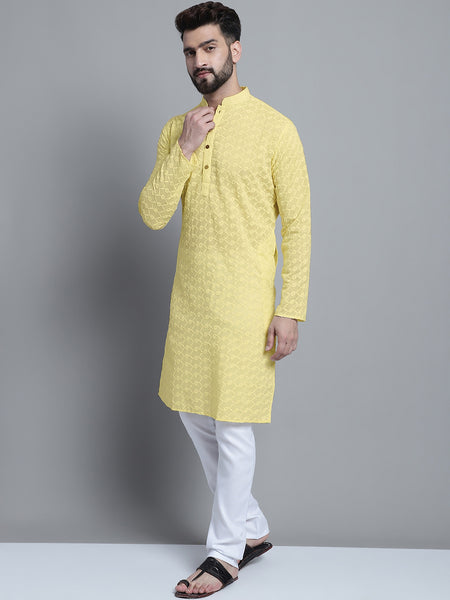 Cream Color Chikankari Embroidery Cotton Kurta Pajama by Treemoda