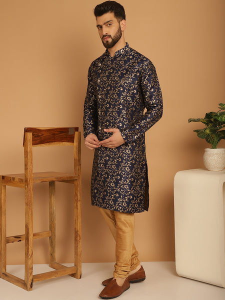 Designer Blue Golden Brocade Silk Sherwani Set by Treemoda