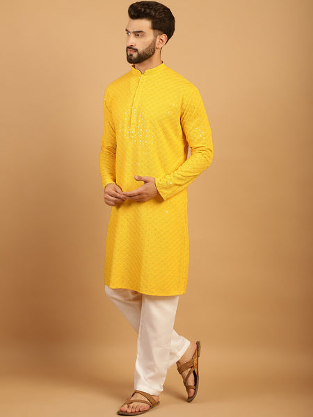 Embellished Sequinned Chikankari Embroidered Yellow Kurta Pajama Set by Treemoda