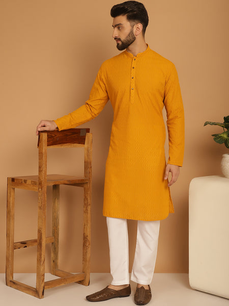 Designer Mustard Yellow Chikankari Embroidered Kurta Pajama Set by Treemoda