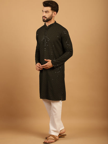 Embellished Sequinned Chikankari Embroidered Dark Mehndi Green Kurta Pajama Set by Treemoda